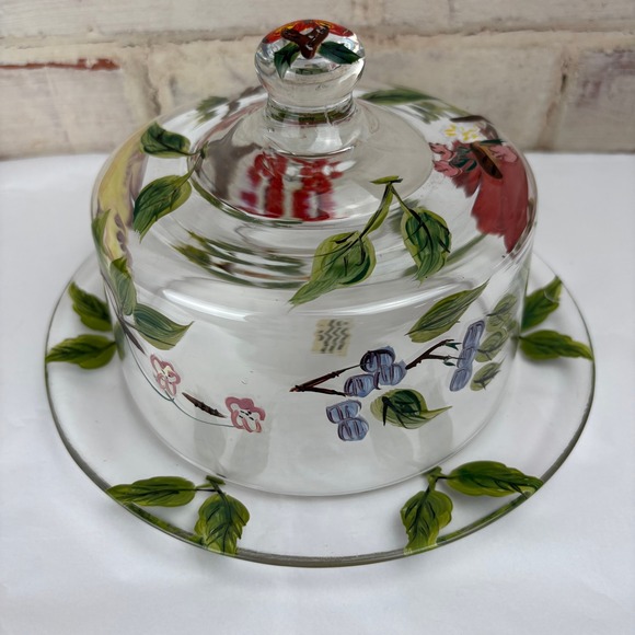 Hand-Painted Fruit Glass Cheese Dome & Plate • Cottage Garden Serveware - Picture 3 of 11
